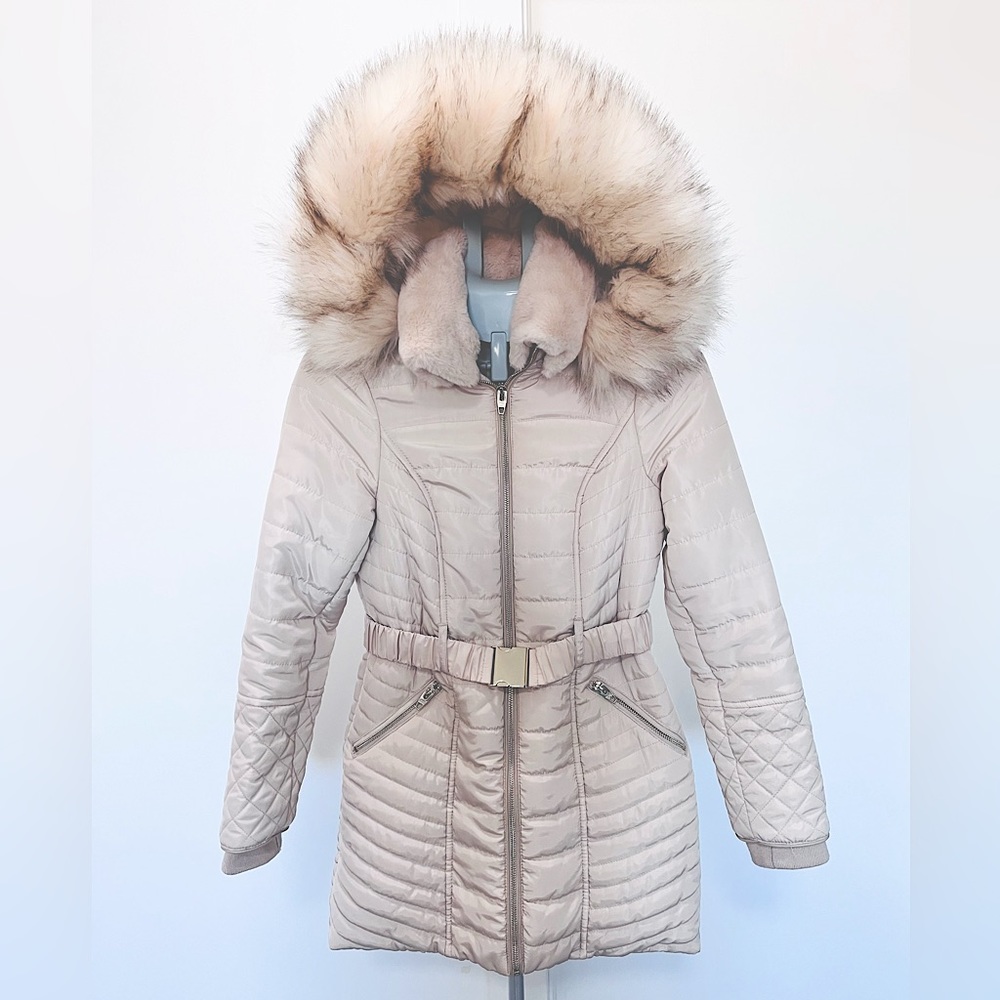 Off White Beige Down Padded Coat Jacket Belt Fake Faux Fur Trim Warm Winter Fall